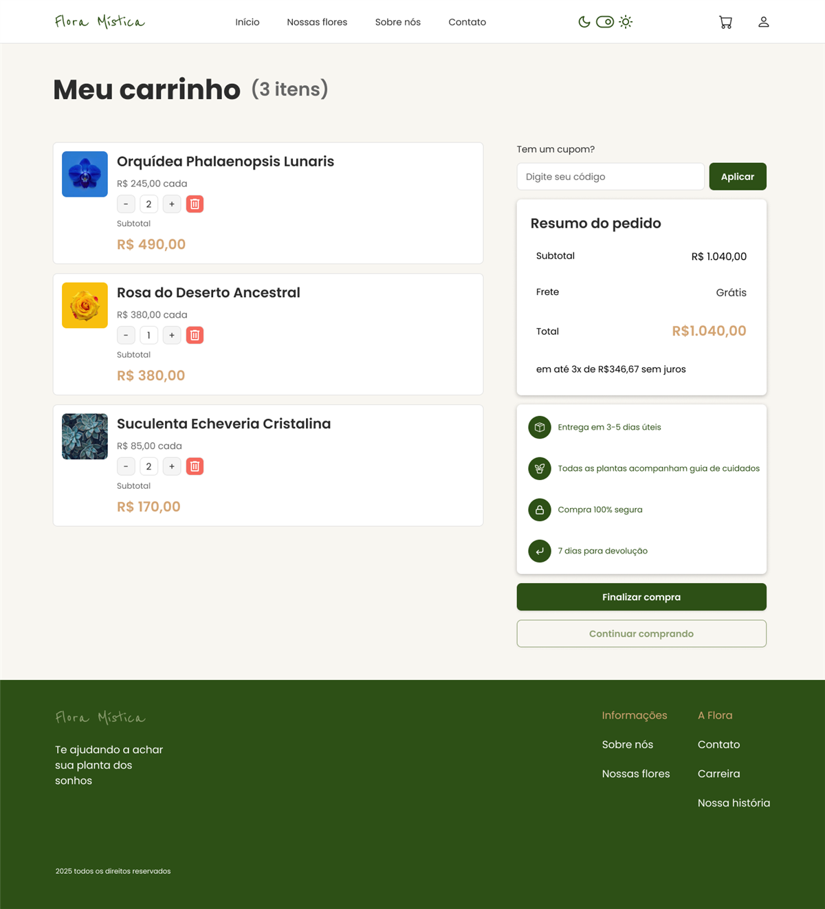 Flora Mística — carrinho e checkout