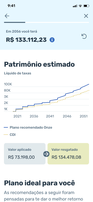 App Onze — tela de recomendação de plano